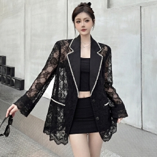批发实拍高级感珍珠蕾丝拼接垫肩款西装夏季镂空气质显瘦西服外套