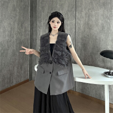 批发实拍设计感层层花边拼接西装马甲女潮流时尚休闲中长款外套