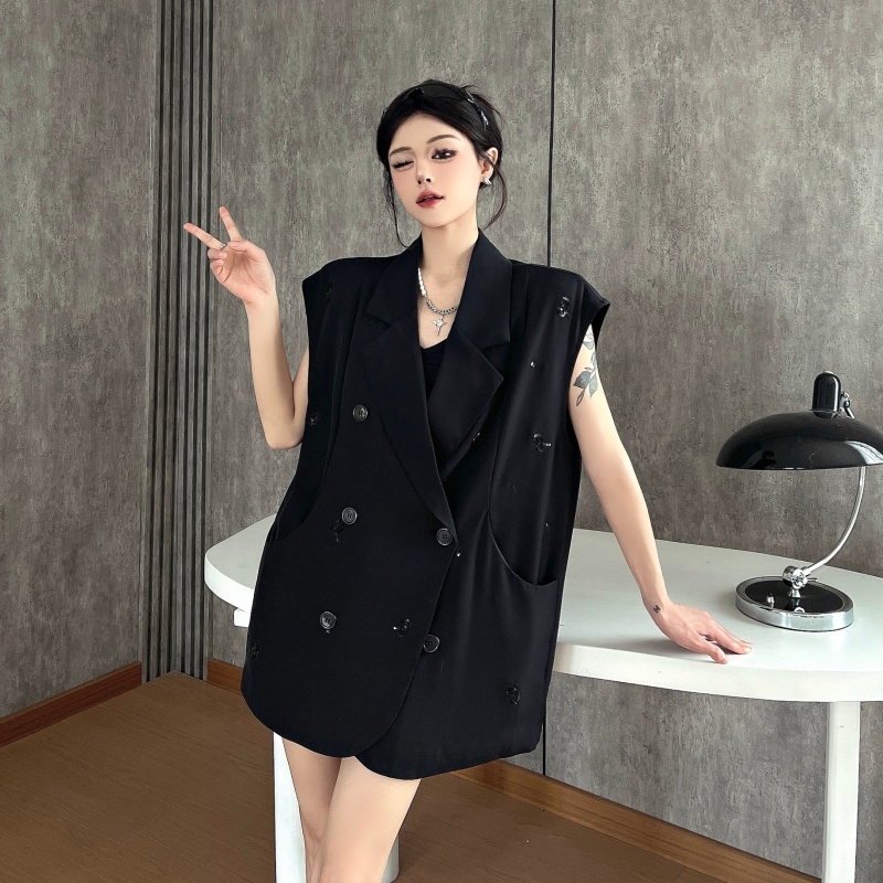 실사 새로운 숙련 된 출퇴근 바람 정장 칼라 스팽글 자수 이중 버튼 얇은 스타일 조끼 여성 셔츠