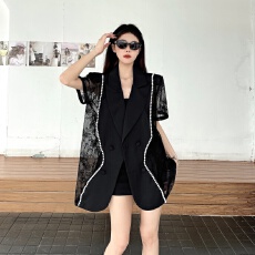 批发实拍高级感蕾丝珍珠拼接垫肩款西装夏季<b class='q'>镂空</b>气质显瘦西服外套