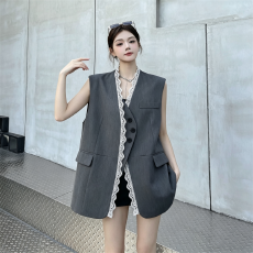 批发实拍高级感灰色西装拼接蕾丝马甲女夏季V领坎肩马夹上衣