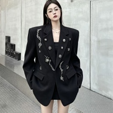 批发实拍高级感钉珠黑色西装外套秋季重工宽松休闲西服