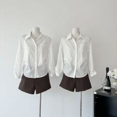 批发SadSoil 基础款白色打褶衬衫女春夏宽松休闲长袖氛围感上衣衬衣女