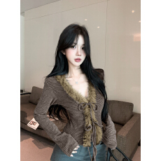 批发<b class='q'>实拍</b>实价磨毛设计感V领毛领绑带圣诞开衫女秋冬显瘦短款t恤上衣女