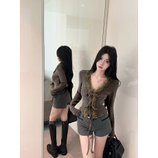 批发<b class='q'>实拍</b>实价磨毛设计感V领毛领绑带圣诞开衫女秋冬显瘦短款t恤上衣女