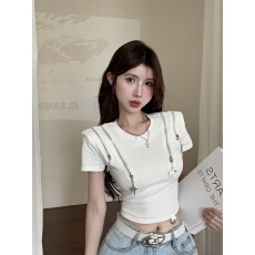 批发实拍实价 夏季垫肩星星拉链设计感美式白色短款圆领<b class='q'>t</b><b class='q'>恤</b>短袖上衣女