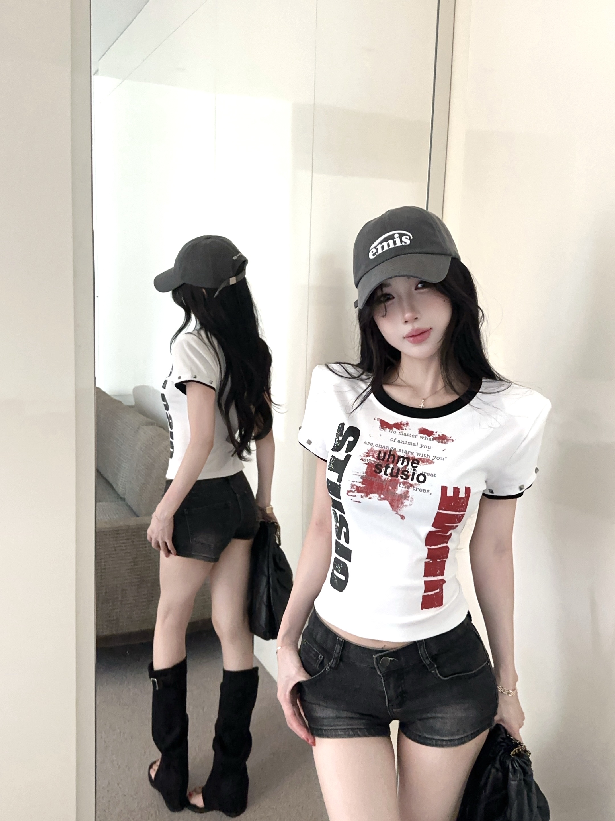실사 정가 아메리칸 징 배색 알파벳 프린트 반팔 티셔츠 여성 여름 페이크 레이어드 긍정적 인 어깨 핫걸 맨위
