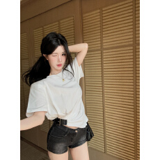 批发实拍实价 不规则褶皱皮带收腰正肩短袖T恤女夏季设计感<b class='q'>修身</b>上衣女