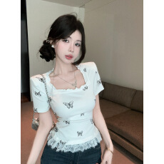 批发实拍实价~蕾丝拼接短袖<b class='q'>t</b><b class='q'>恤</b>女夏季修身显瘦百搭蝴蝶印花垫肩上衣女