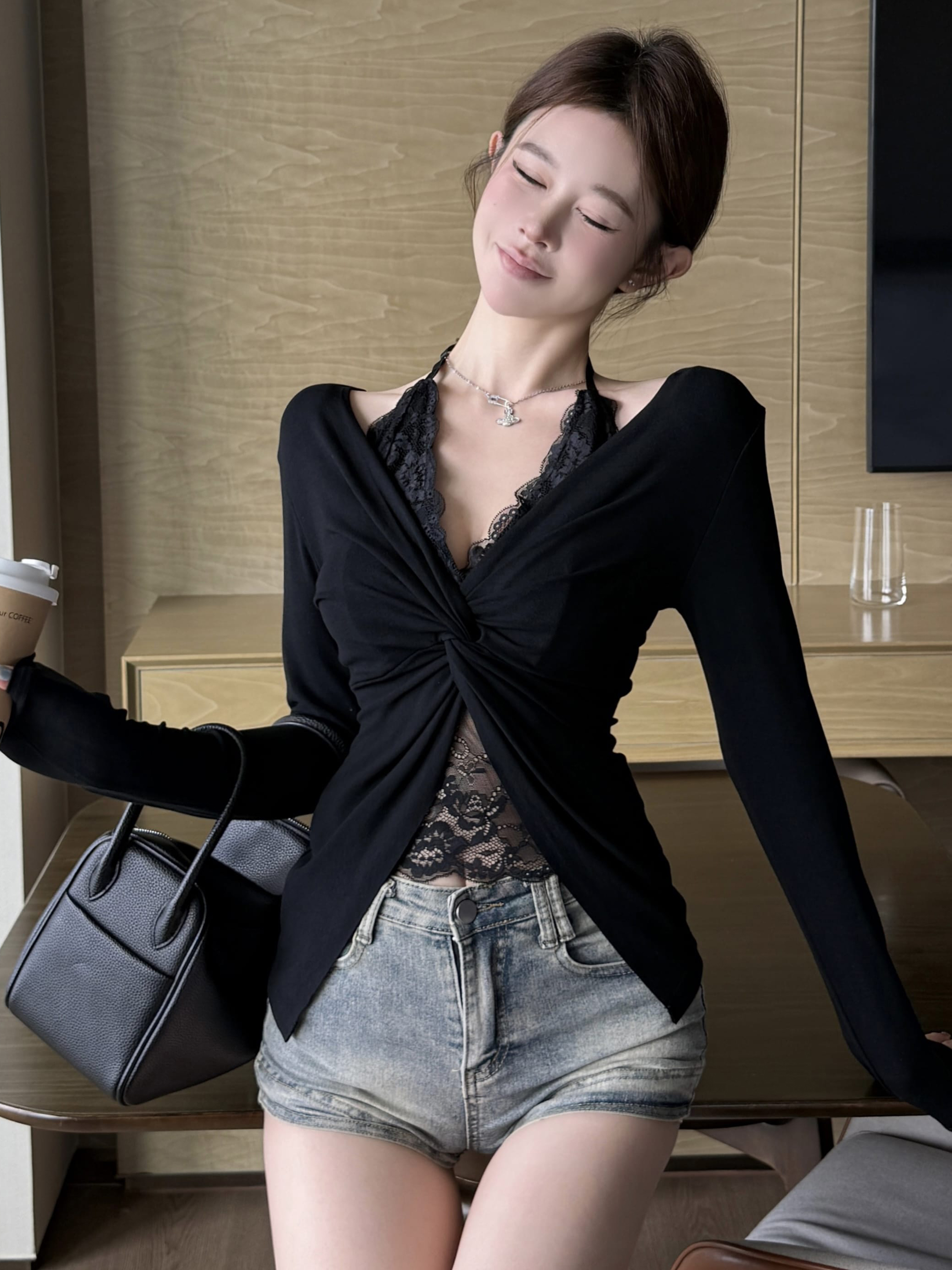 MY13210# 新款纯欲风假两件长袖T恤蕾丝拼接纽结打底衫上衣女裝貨源服裝批發