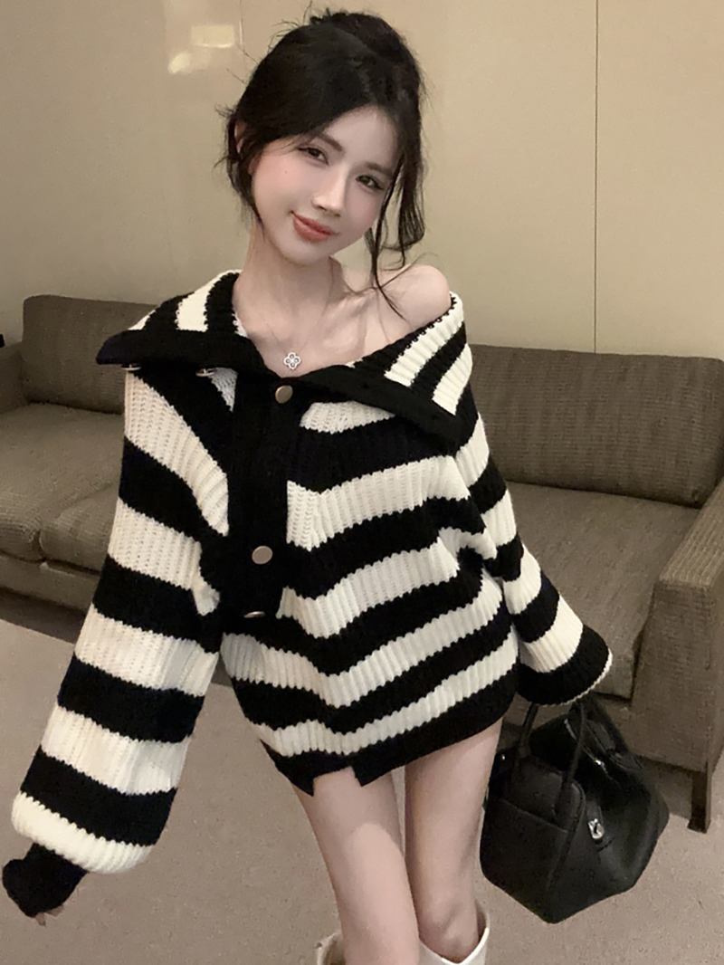 BY35545# 秋冬新款加厚设计感条纹高领毛衣一字领慵懒毛衣上衣女 服裝批發女裝批發服飾貨源