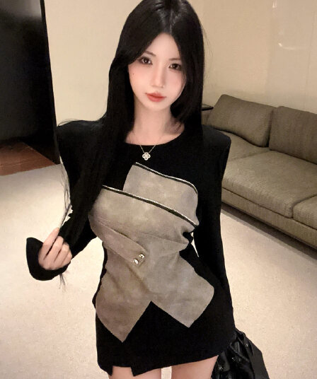 실사 정가 이른 가을 새로운 불규칙 패치워크 라운드 넥 긴팔 티셔츠 작은 대중 슬림해 보이는 기본 셔츠 맨위