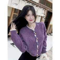 批发实拍实价 设计感拼色纽扣针织开<b class='q'>衫</b>小众圆领长袖减龄百搭毛衣外套