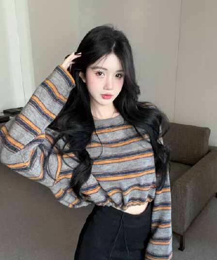 실사 정가 레트로 배색 스트라이프 펌프 로프 라운드 넥 긴팔 후드티 여성 느긋한 바람 루즈핏 슬림해 보이는 티셔츠 트렌디