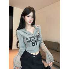 批发实拍实价 2026春季新款字母印花长袖连帽T恤显瘦打底衫抽绳上衣