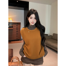 批发实拍实价 <b class='q'>条纹</b>高领打底长袖t恤女秋冬季叠穿针织马甲背心两件套