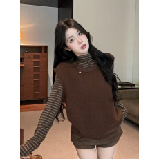 批发实拍实价 <b class='q'>条纹</b>高领打底长袖t恤女秋冬季叠穿针织马甲背心两件套