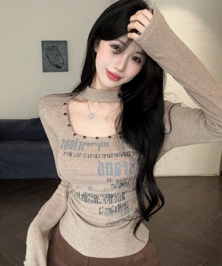실사 정가 2026 봄 새로운 핫걸 광장 칼라 알파벳 프린트 징 티셔츠 슬림해 보이는 기본 셔츠 맨위