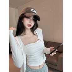 批发实拍实价 2026春季新款胸垫褶皱吊带开衫<b class='q'>外套</b>两件套装休闲<b class='q'>上衣</b>