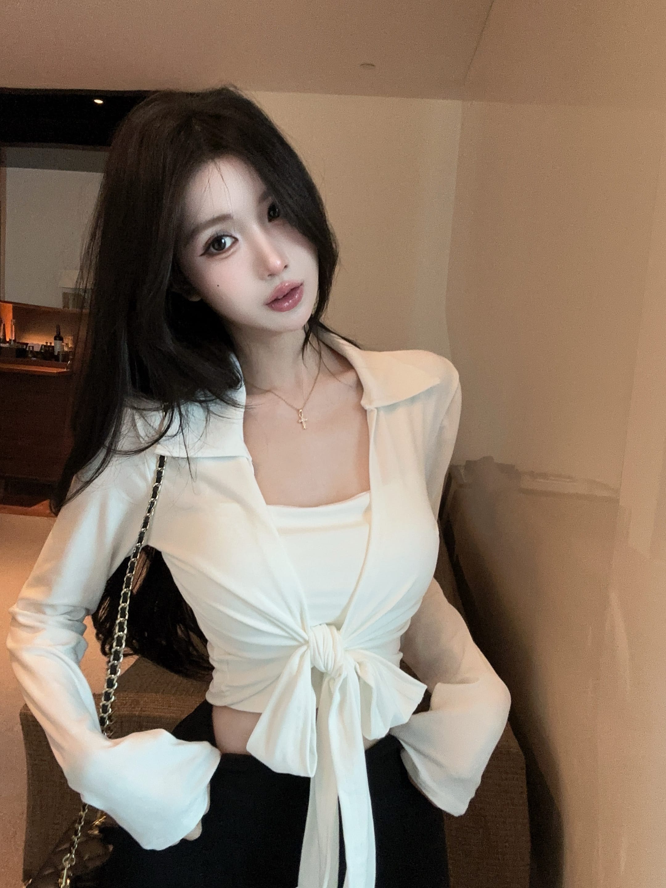 실사 정가 2026 봄 새로운 스트랩 가슴 패드 슬림해 보이는 긴팔 폴로 칼라 오픈 가디건 슬립 투피스 슈트 여성