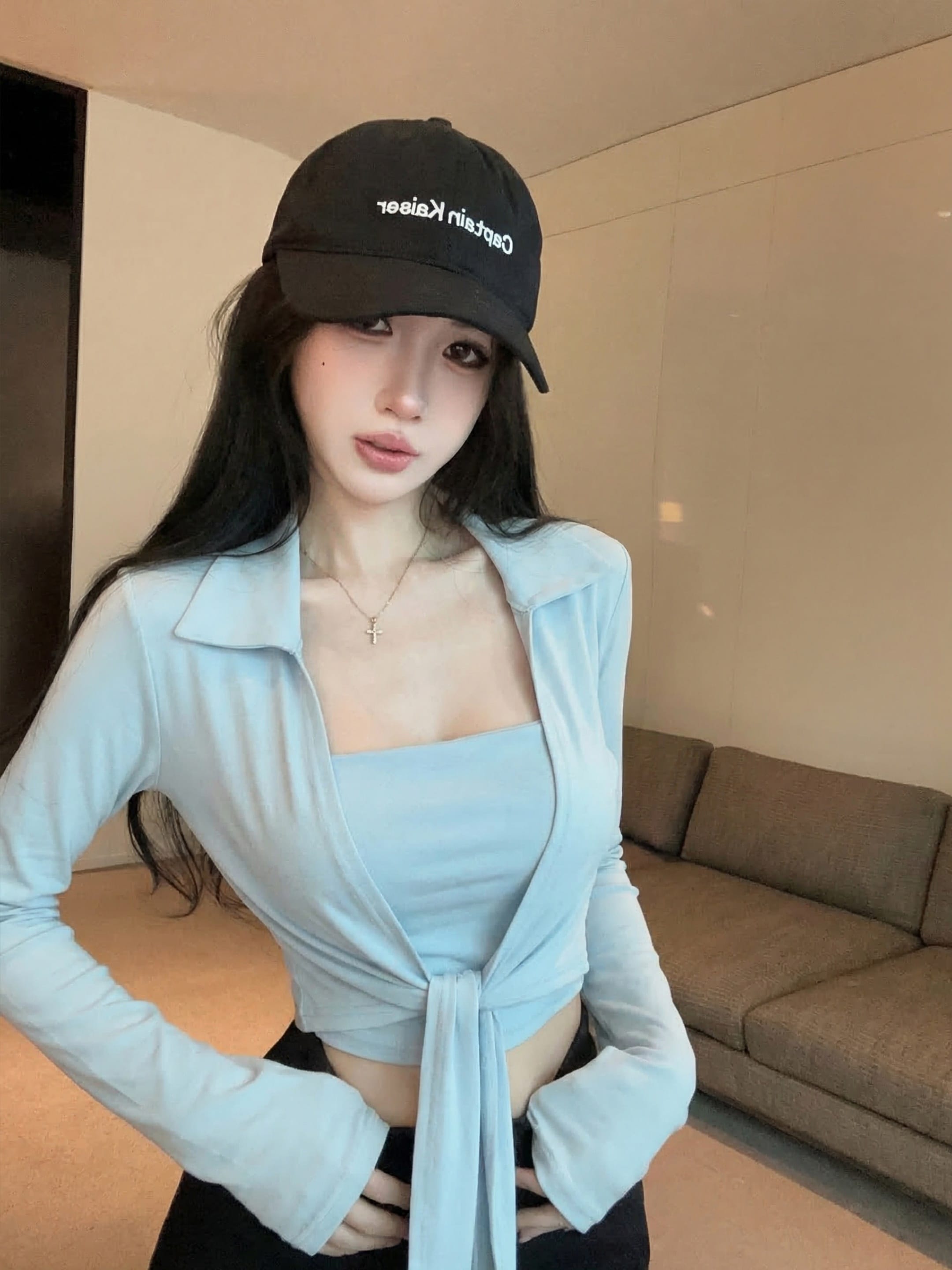 실사 정가 2026 봄 새로운 스트랩 가슴 패드 슬림해 보이는 긴팔 폴로 칼라 오픈 가디건 슬립 투피스 슈트 여성