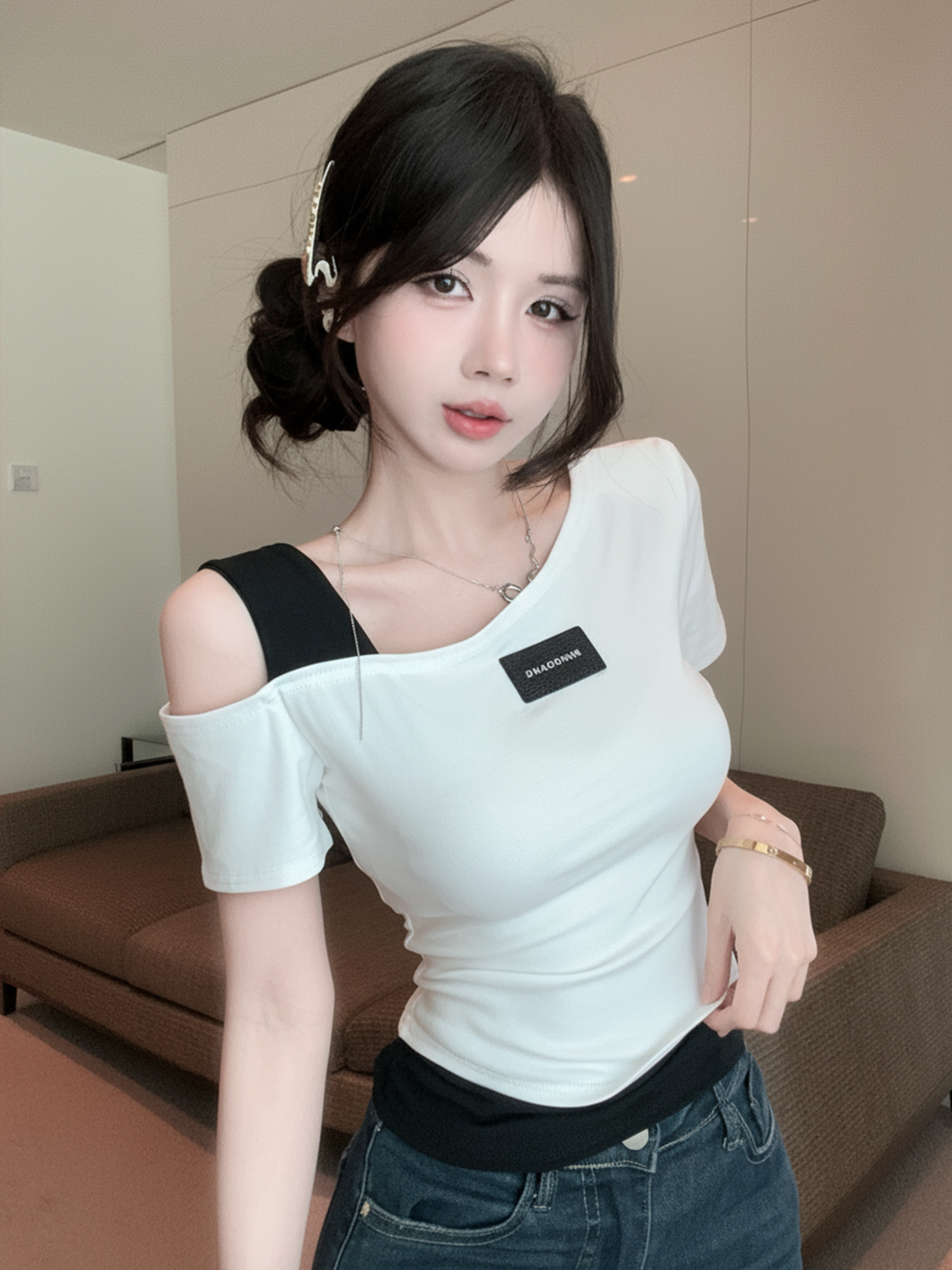 RY2896# 实拍实价  2026夏季新款撞色斜肩百搭时尚T恤上衣女潮