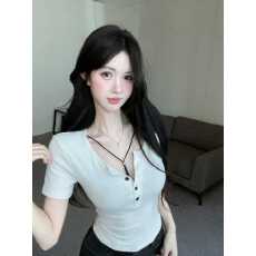 实拍实价 夏季新款垫肩圆领扣子短袖T恤女修身显瘦上衣