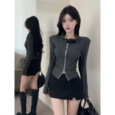 批发实拍实价 酷飒风设计感<b class='q'>长袖</b>翻领双拉链<b class='q'>卫衣</b>上衣女开衫显瘦外套