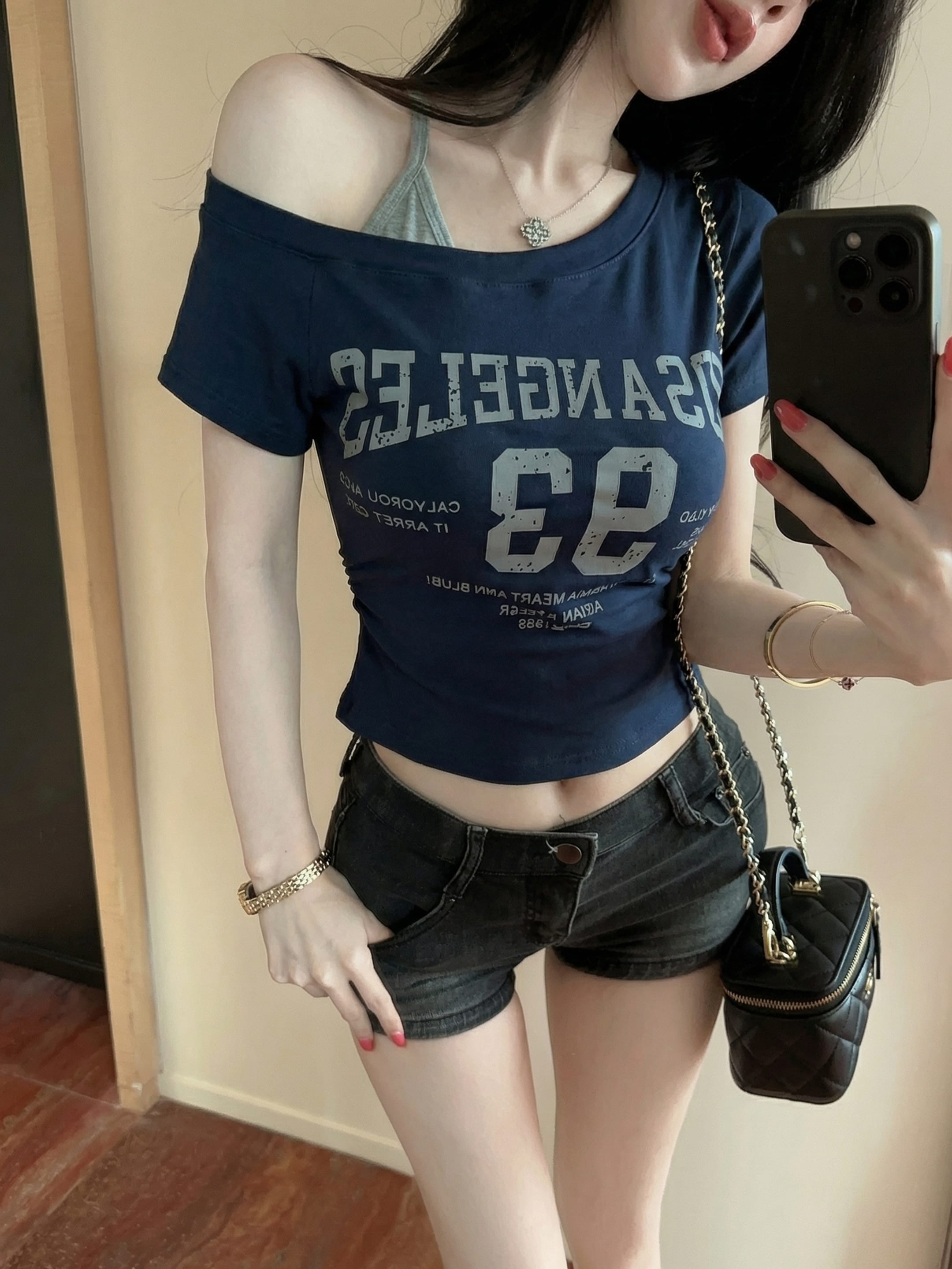 RY2888# 实拍实价 带胸垫设计感斜肩假两件字母印花短袖修身显瘦上衣