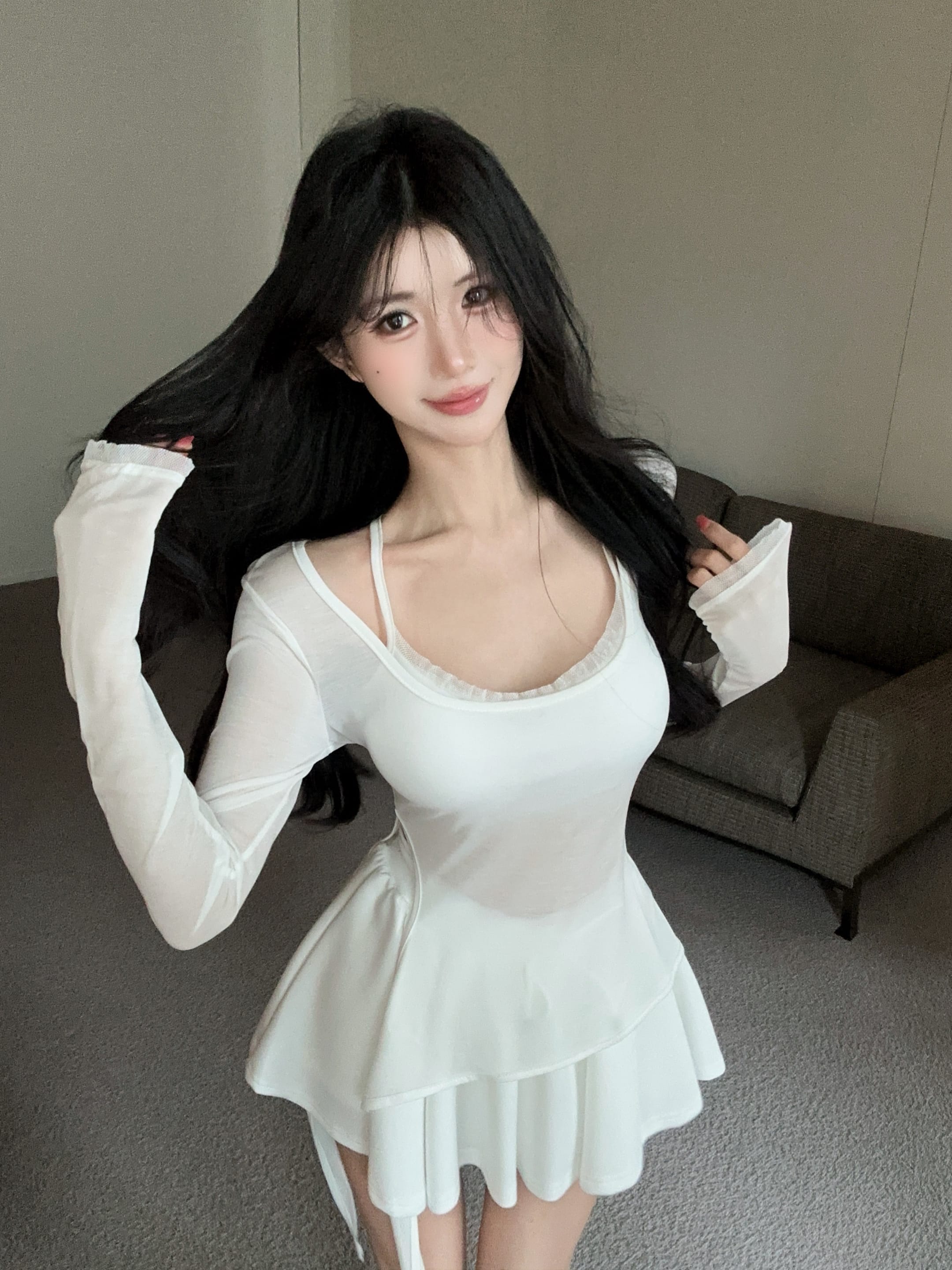 실사 정가 얇은 스타일 마이크로 ~을 통해 태양 보호 셔츠 순수한 욕망 레이스 측면 캐미솔 펌프 로프 반신 스커트 세 조각 세트