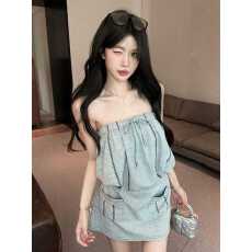 批发实拍实价 设计感撞色松紧两穿抹胸裙收腰显瘦卫衣裙背心连衣裙