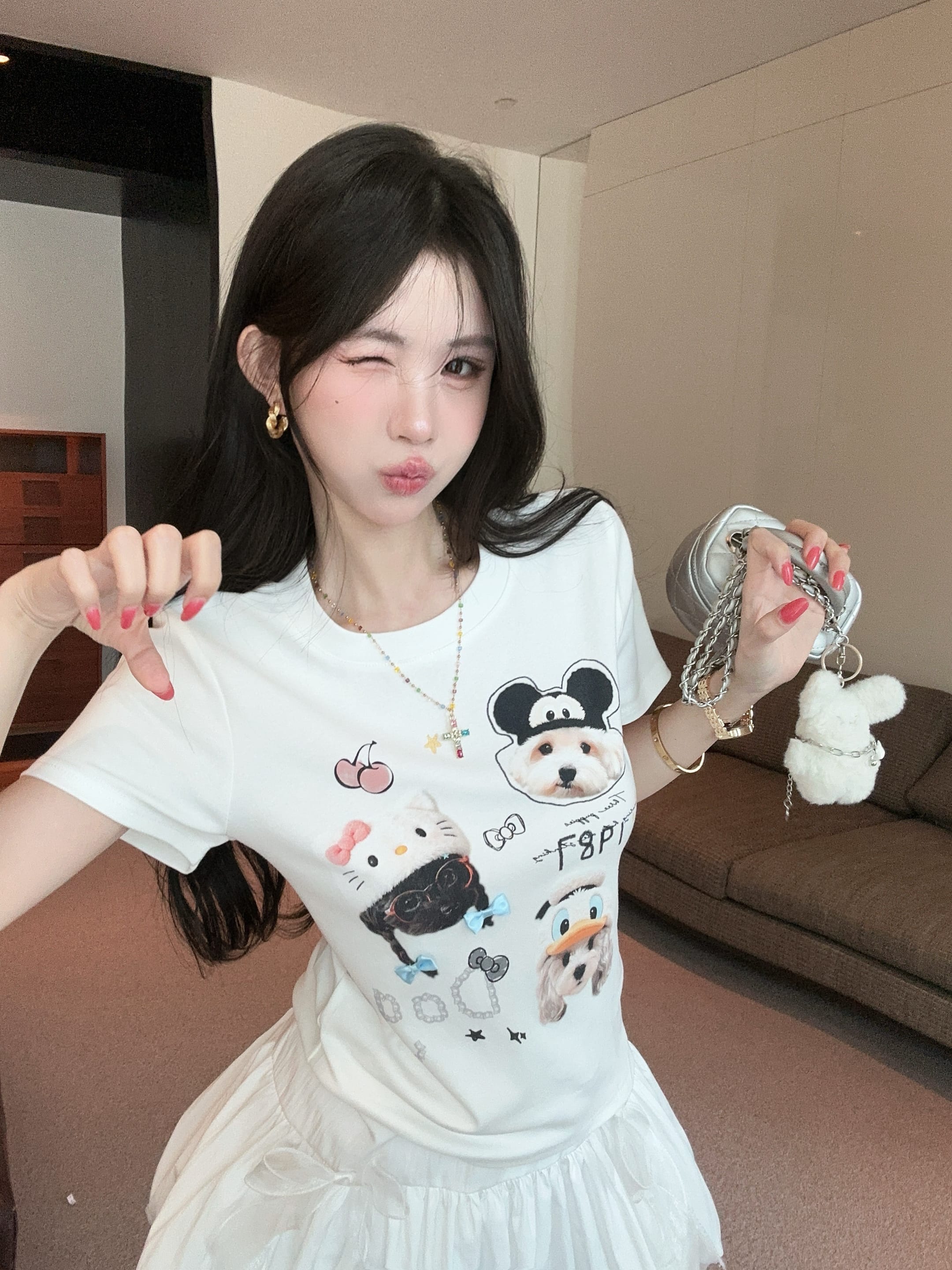 실사 정가 만화 강아지 프린트 스프레이 회화 반팔 티셔츠 여성 몸매 가꾸기 슬림해 보이는 맨위 짧은 치마 투피스 슈트