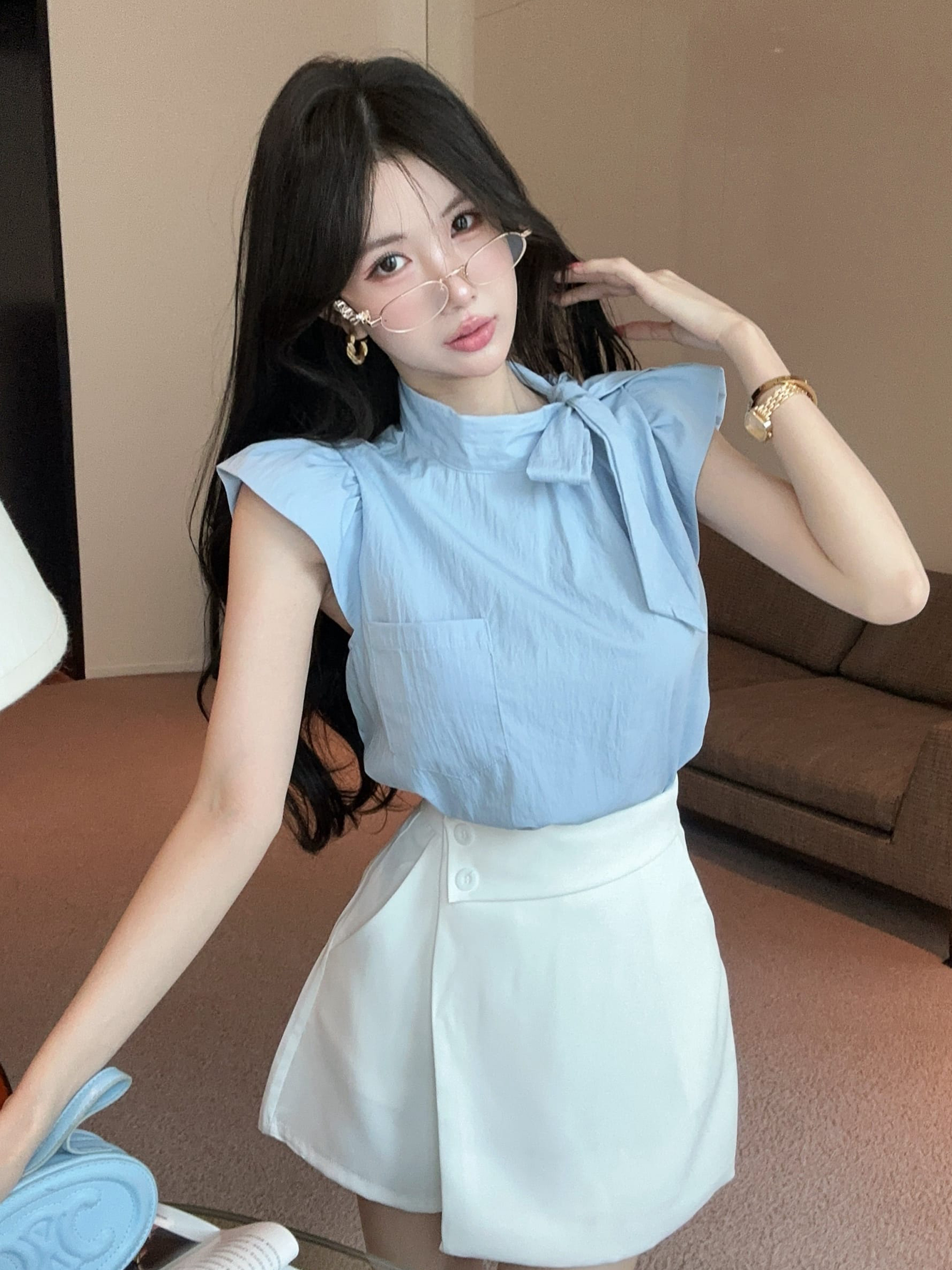 실사 정가 디자인 센스 Feifei 소매 레이스 업 셔츠 슬림해 보이는 바지 투피스 슈트