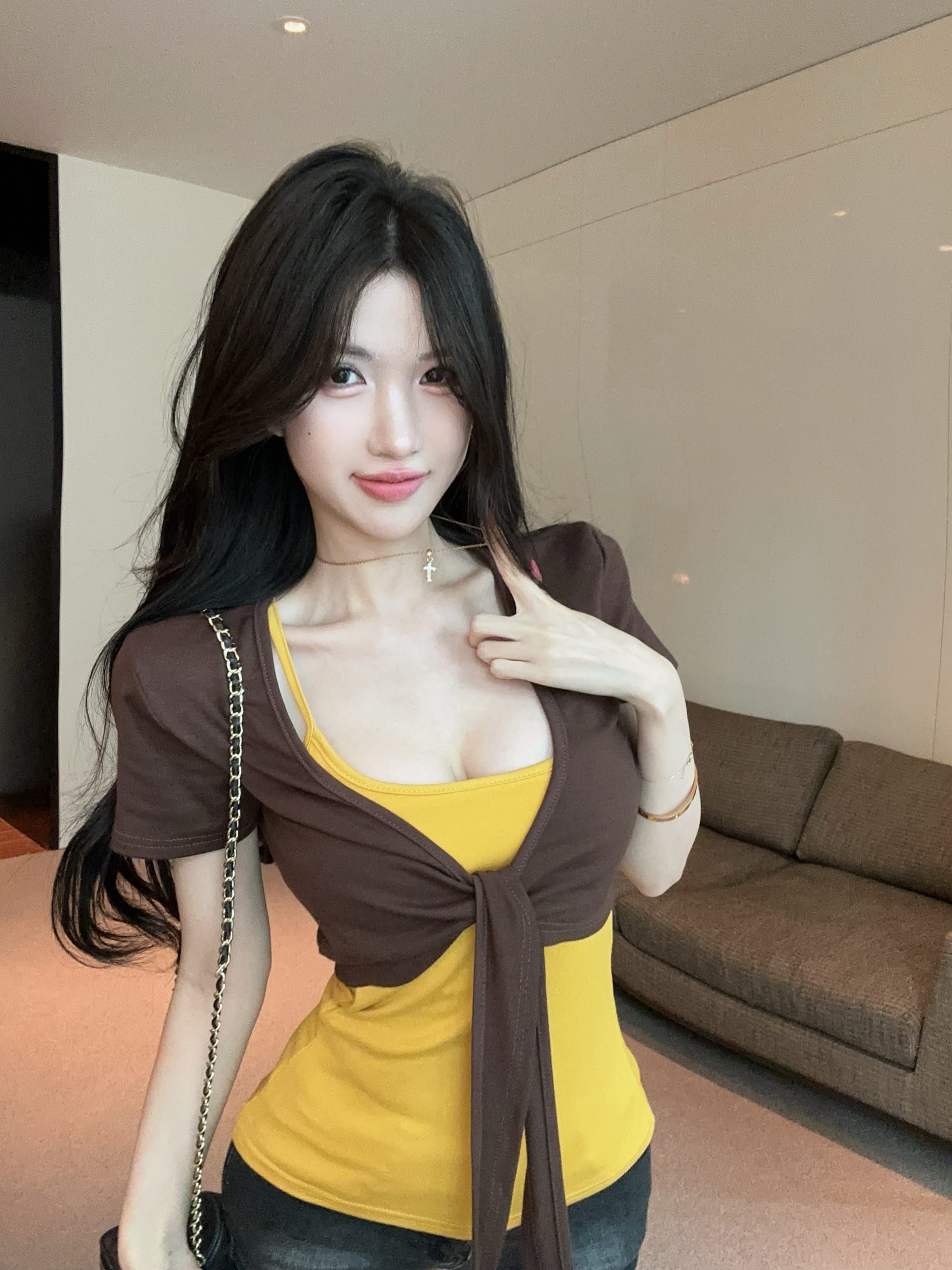 실사 정가 디자인 센스 스트랩 반팔 오픈 가디건 플러스 신축성 가슴 패드 캐미솔 투피스 슈트 여성