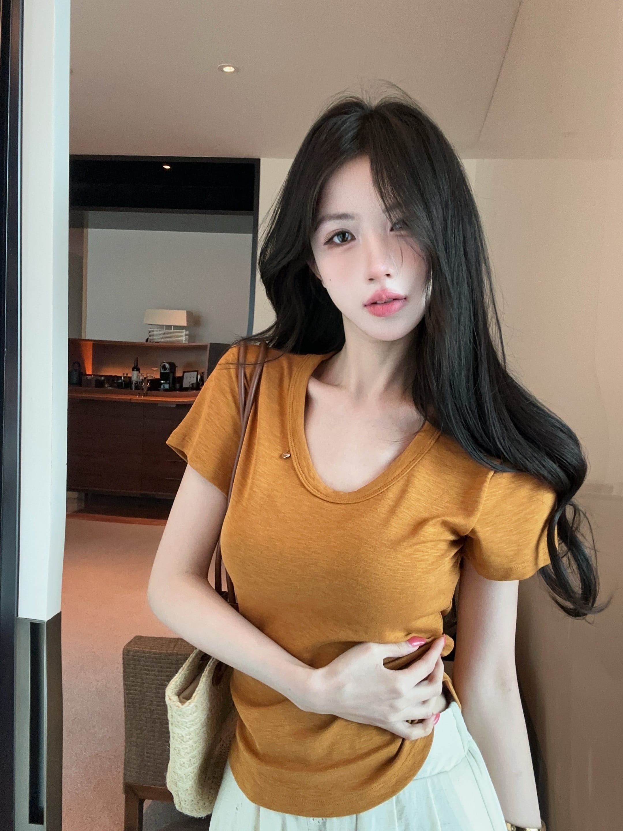 실사 정가 대나무 마디 면 패션 라운드 넥 반팔 티셔츠 여성 단색 몸매 가꾸기 슬림해 보이는 캐주얼 맨위