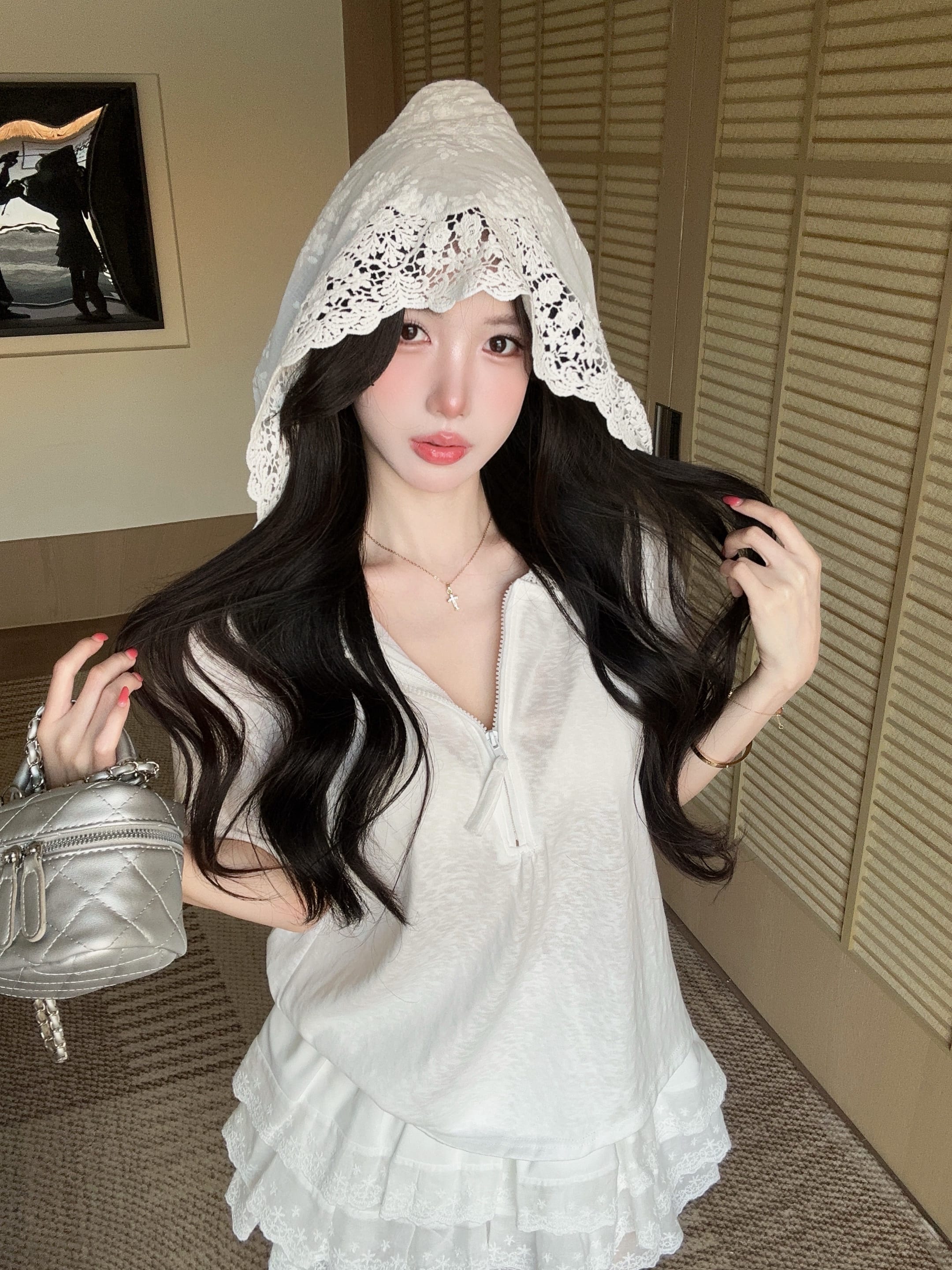 실사 정가 여름 레이스 측면 반팔 대나무 마디 면 후드 티셔츠 레이스 레이스 치마 미니 스커트 투피스 슈트