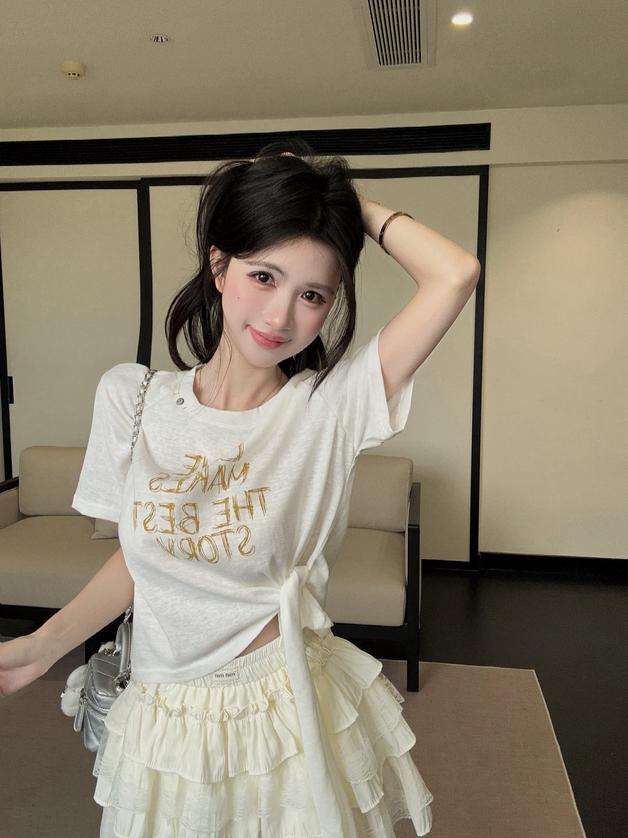 실사 정가 알파벳 프린트 라운드 넥 반팔 티셔츠 스트랩 맨위 다용도 케이크 드레스 반신 스커트 투피스 슈트