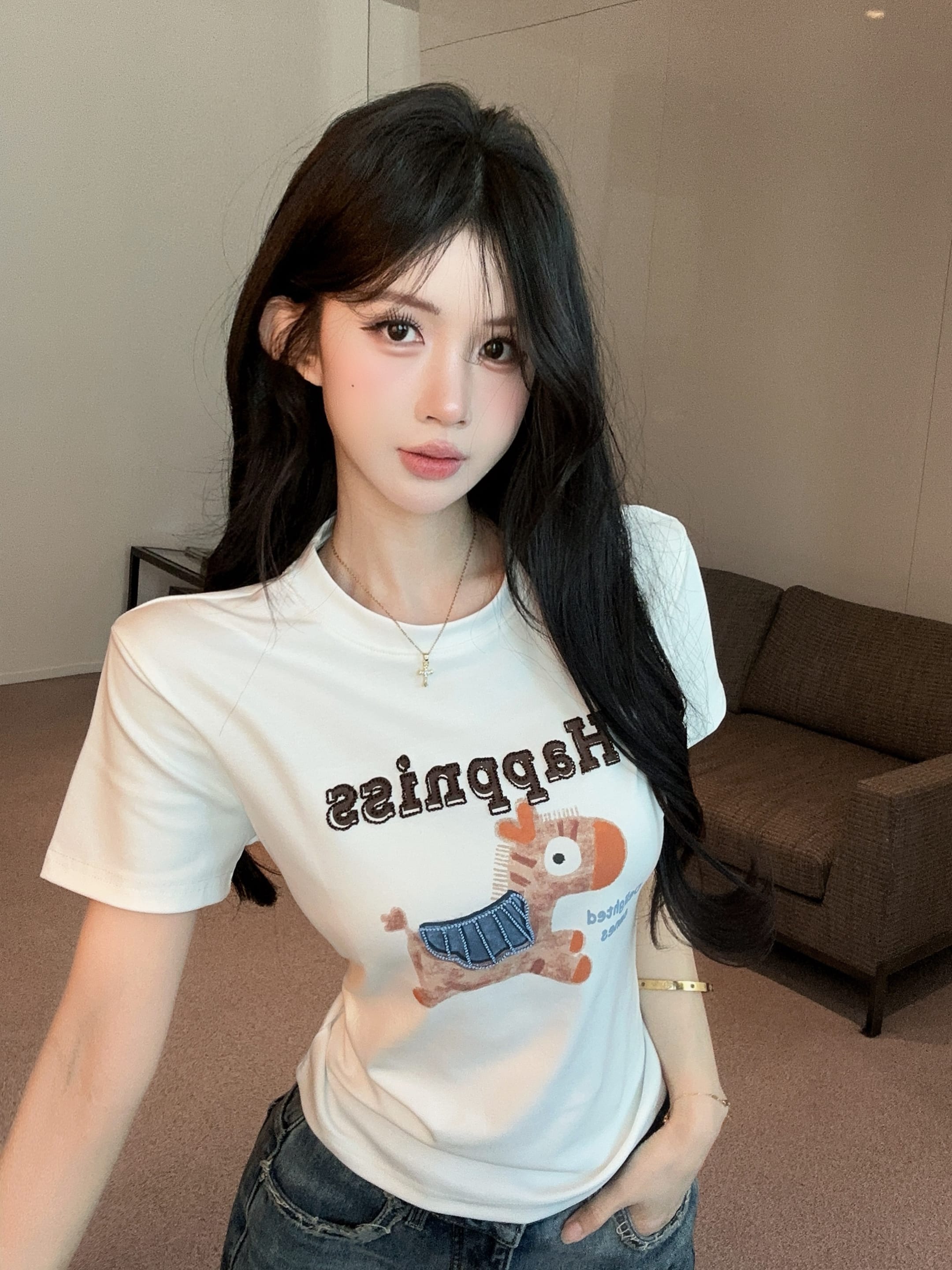 실사 정가 활력 작은 말 3 차원 자수 프린트 반팔 티셔츠 여성 라운드 넥 맨위