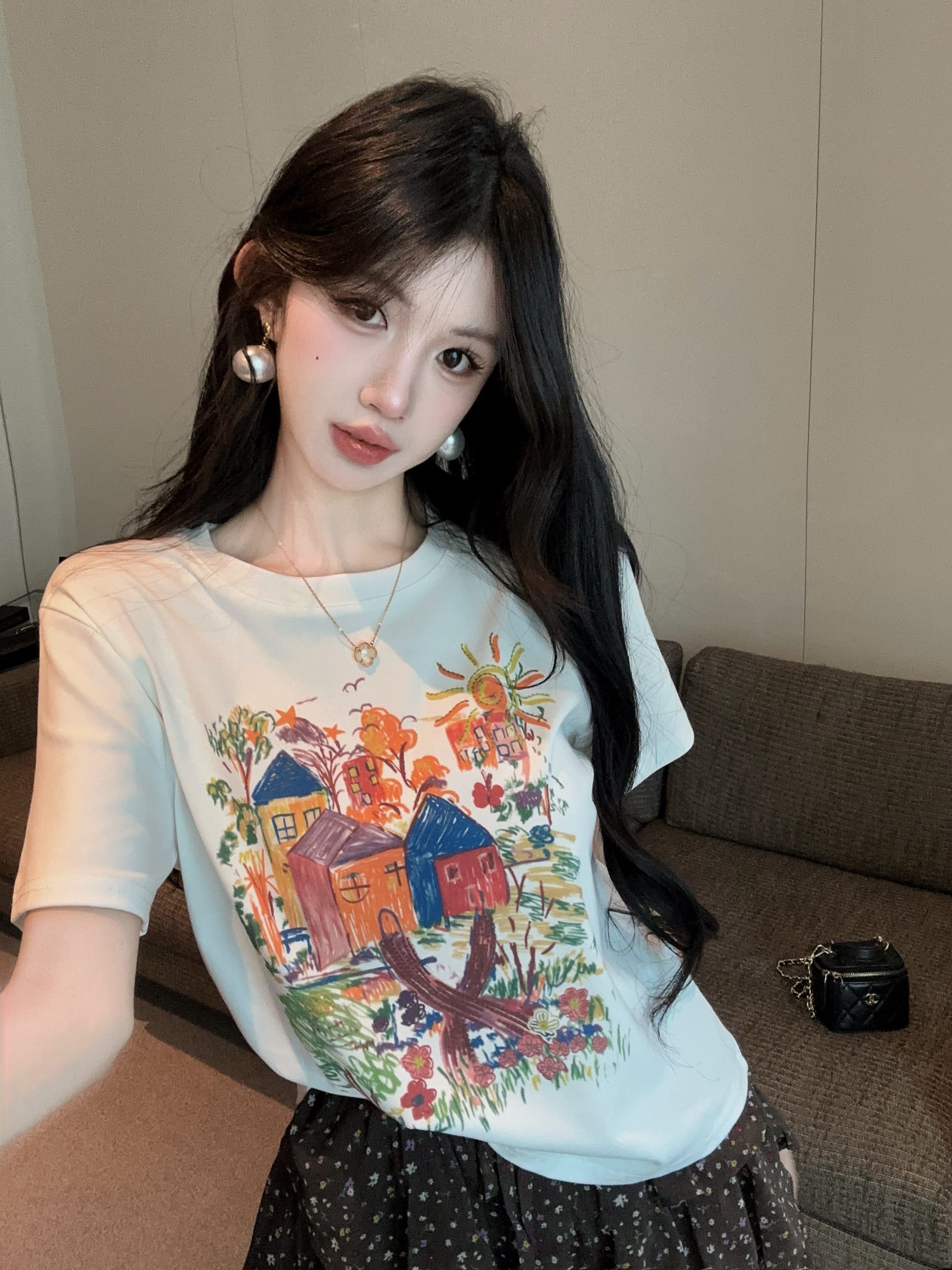 실사 정가 여름 새로운 달콤함 크레용 만화 프린트 반팔 티셔츠 꽃무늬 미니 스커트 투피스 슈트 여성