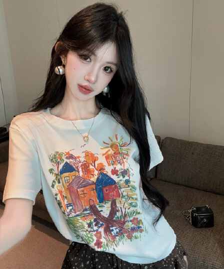 실사 정가 여름 새로운 달콤함 크레용 만화 프린트 반팔 티셔츠 꽃무늬 미니 스커트 투피스 슈트 여성