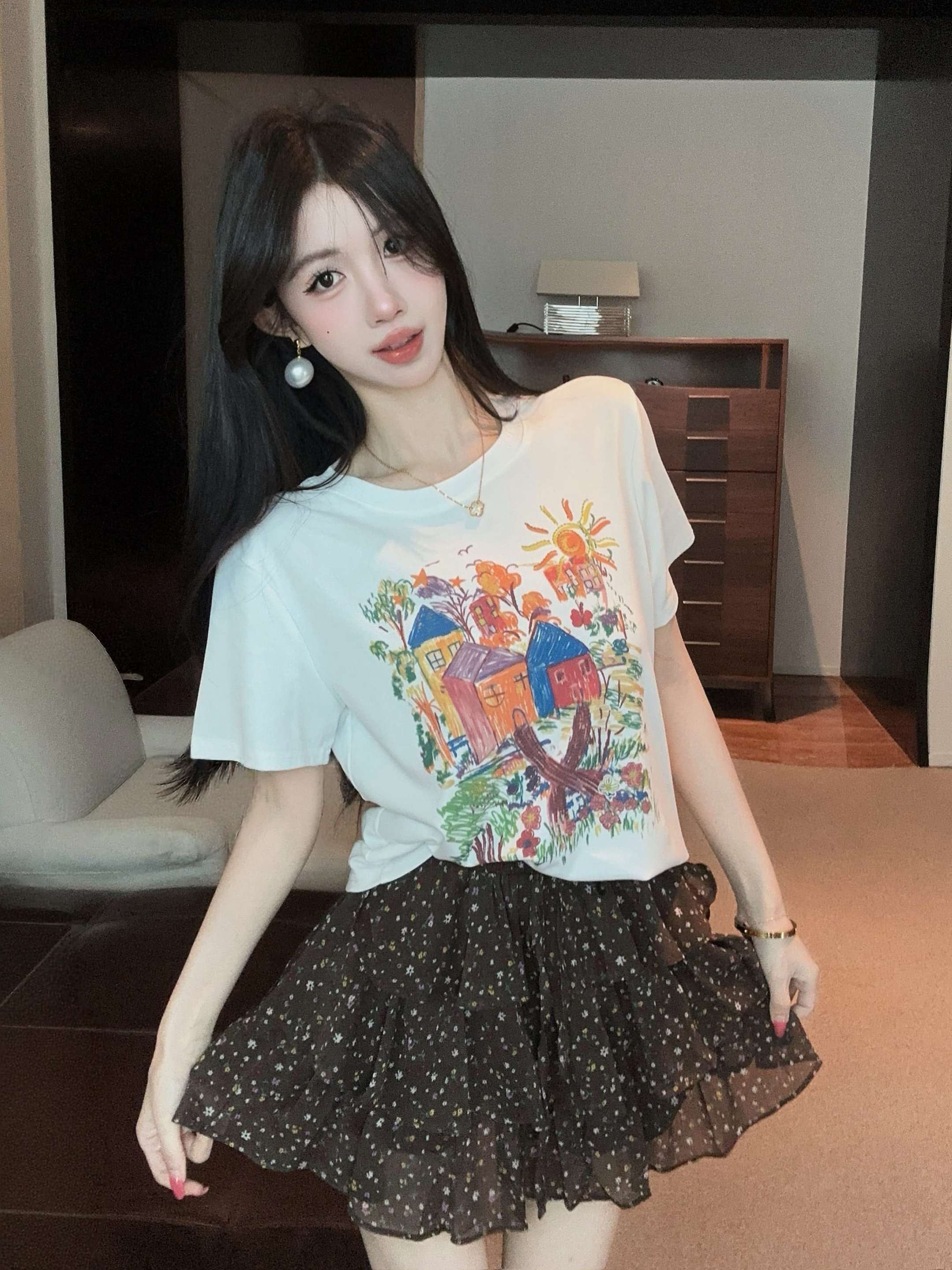 실사 정가 여름 새로운 달콤함 크레용 만화 프린트 반팔 티셔츠 꽃무늬 미니 스커트 투피스 슈트 여성