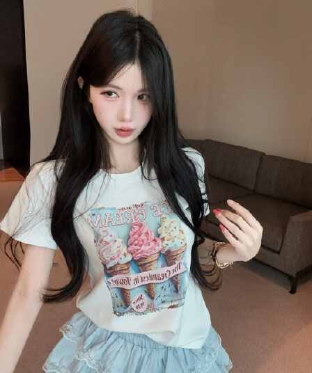 실사 정가 수공 비즈 박기 아이스크림 프린트 반팔 라운드 넥 티셔츠 여성 레이스 측면 미니 스커트 투피스 슈트