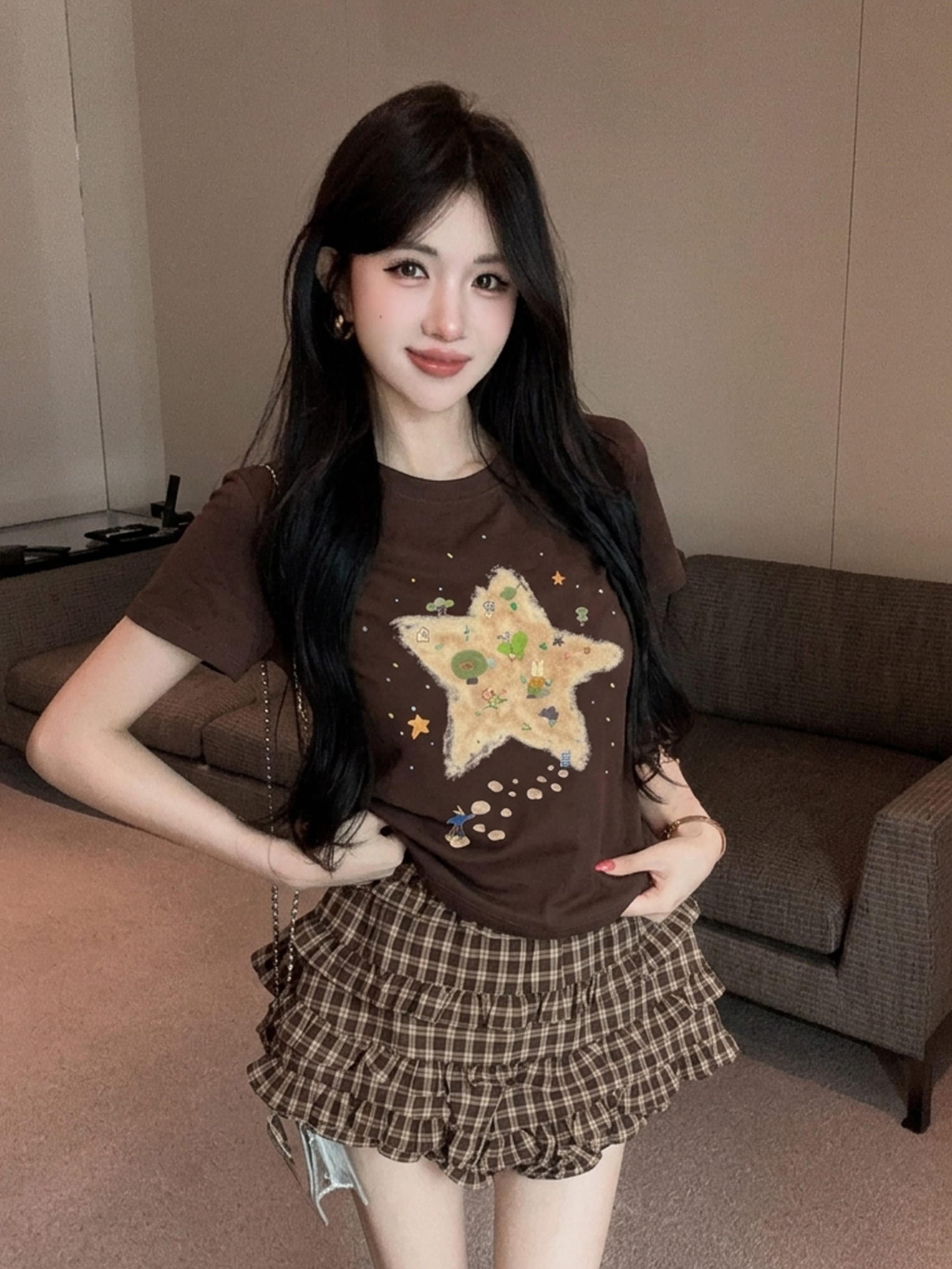 RY5900# 手工钉珠童趣绘画印花短袖T恤女蝴蝶结格子短裙两件套装