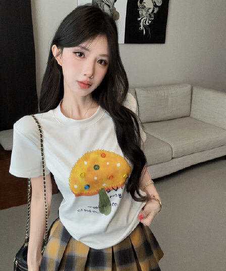 실사 정가 벨트 보내기 수공 비즈 박기 프린트 반팔 라운드 넥 티셔츠 여성 체크무늬 플리츠 미니 스커트 투피스 슈트