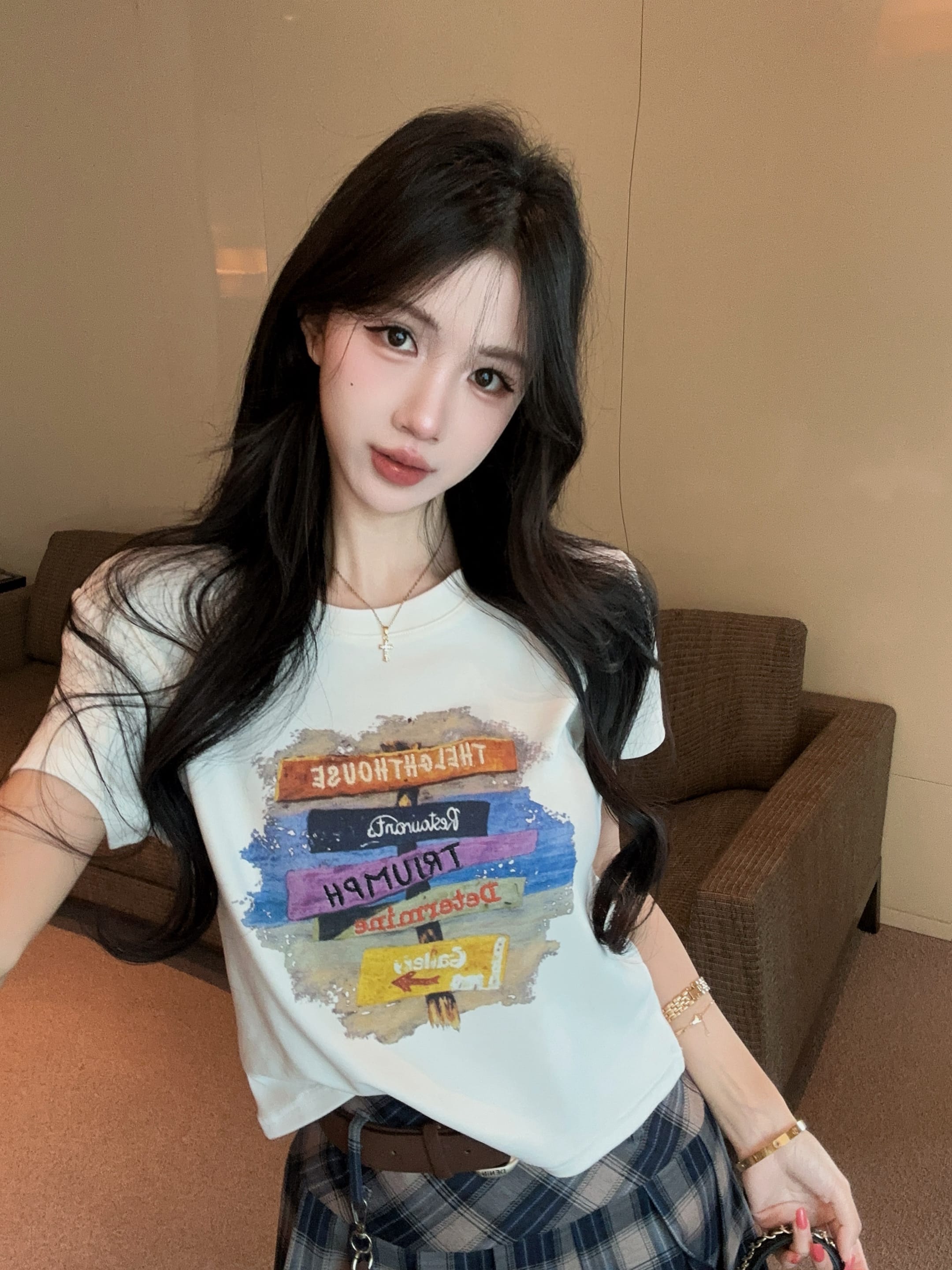 실사 정가 벨트 행침 장식 자수 알파벳 프린트 라운드 넥 반팔 티셔츠 여성 하이웨이스트 플리츠 스커트 투피스 슈트