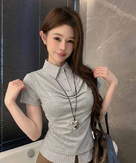 실사 정가 페이크 레이어드 셔츠 패치워크 반팔 맨위 여성 디자인 센스 몸매 가꾸기 슬림해 보이는 기본 셔츠