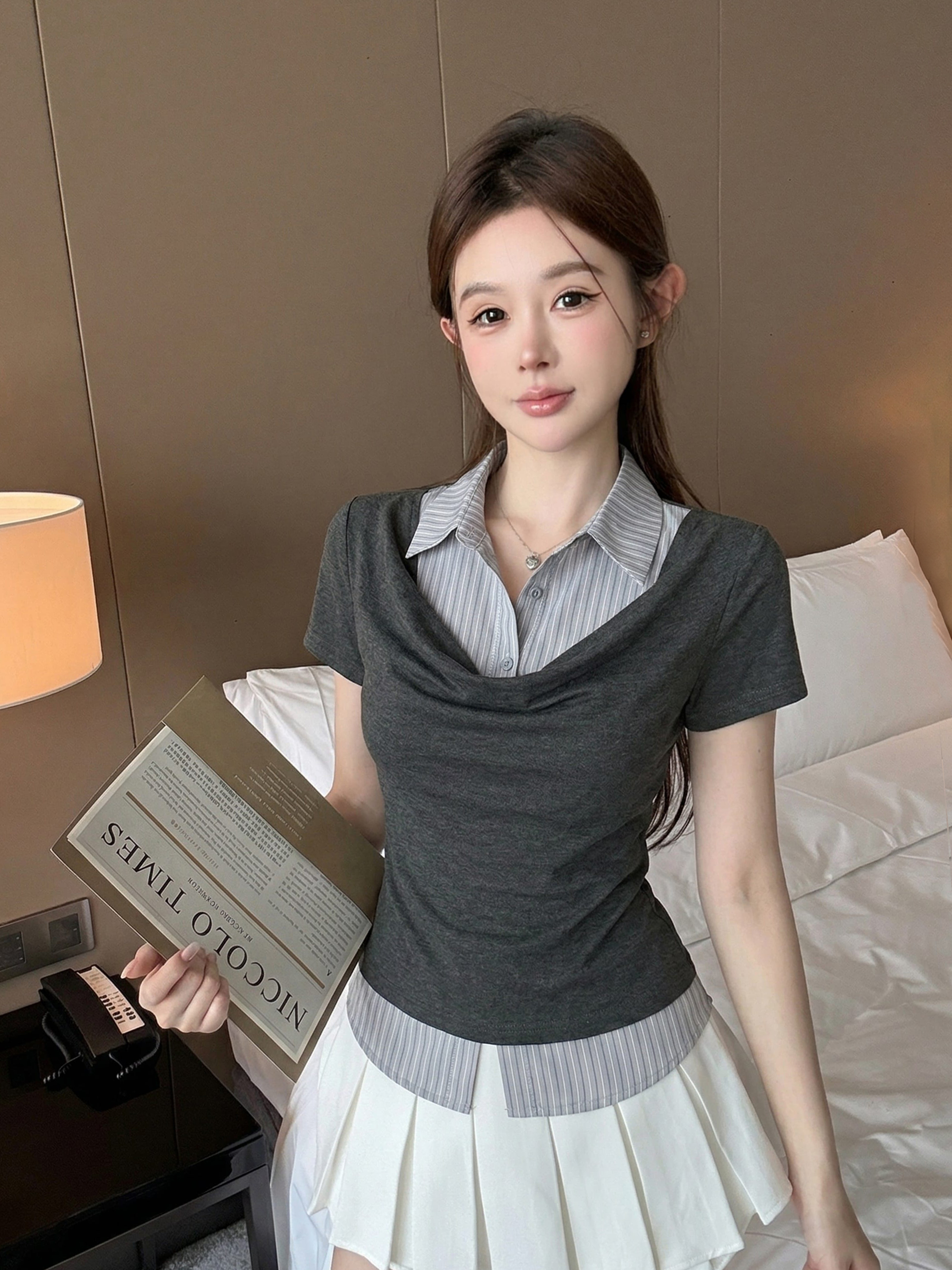 실사 정가 페이크 레이어드 셔츠 패치워크 반팔 맨위 여성 디자인 센스 몸매 가꾸기 슬림해 보이는 기본 셔츠