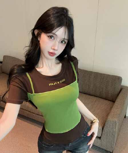 실사 정가 페이크 레이어드 패치워크 배색 알파벳 프린트 티셔츠 여성용 짧은 소매 라운드 넥 몸매 가꾸기 슬림해 보이는 다용도 맨위