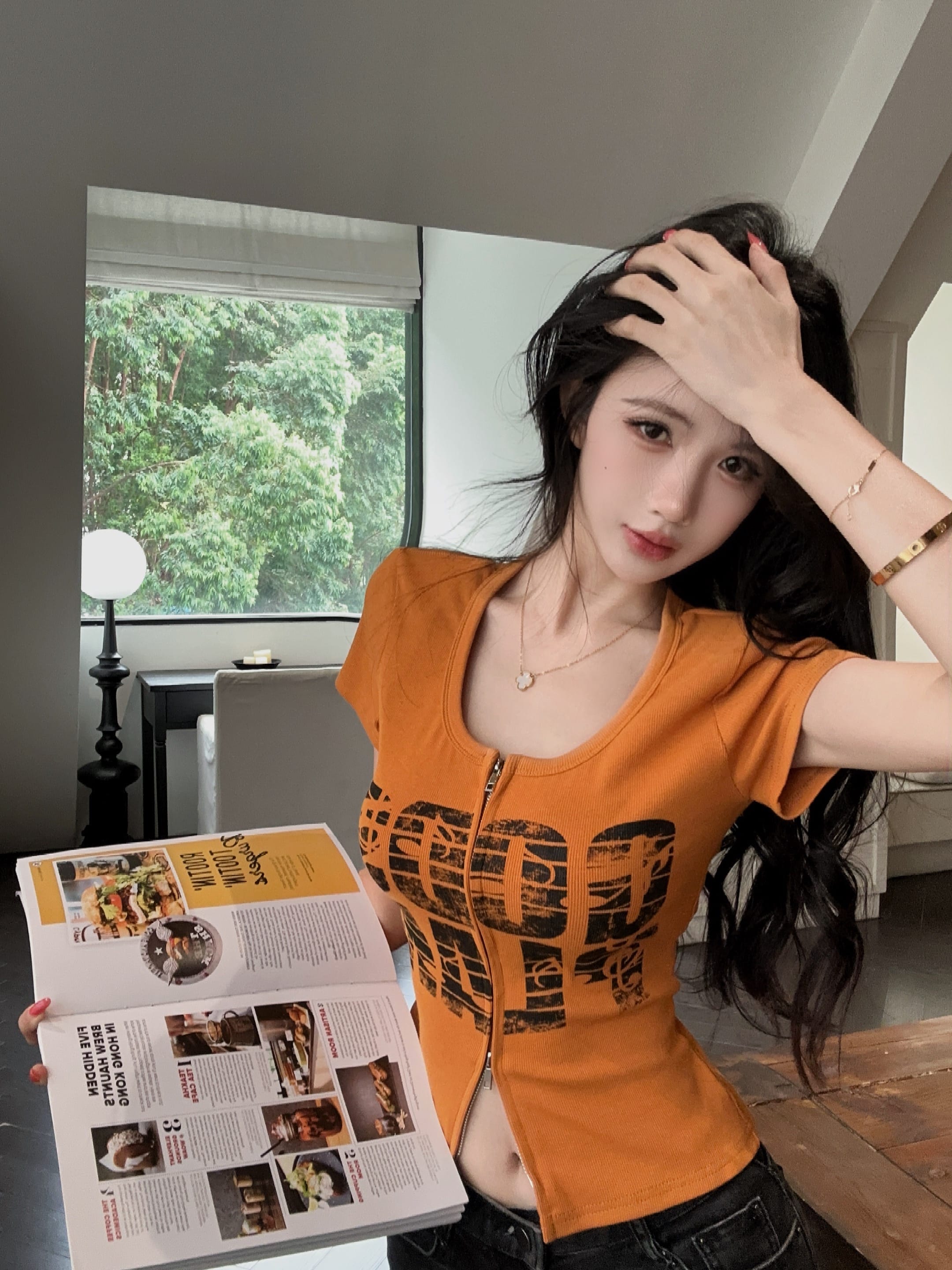 设计感垫肩字母印花修身显瘦短款T恤女双头拉链开衫上衣 服裝批發女裝批發服飾貨源