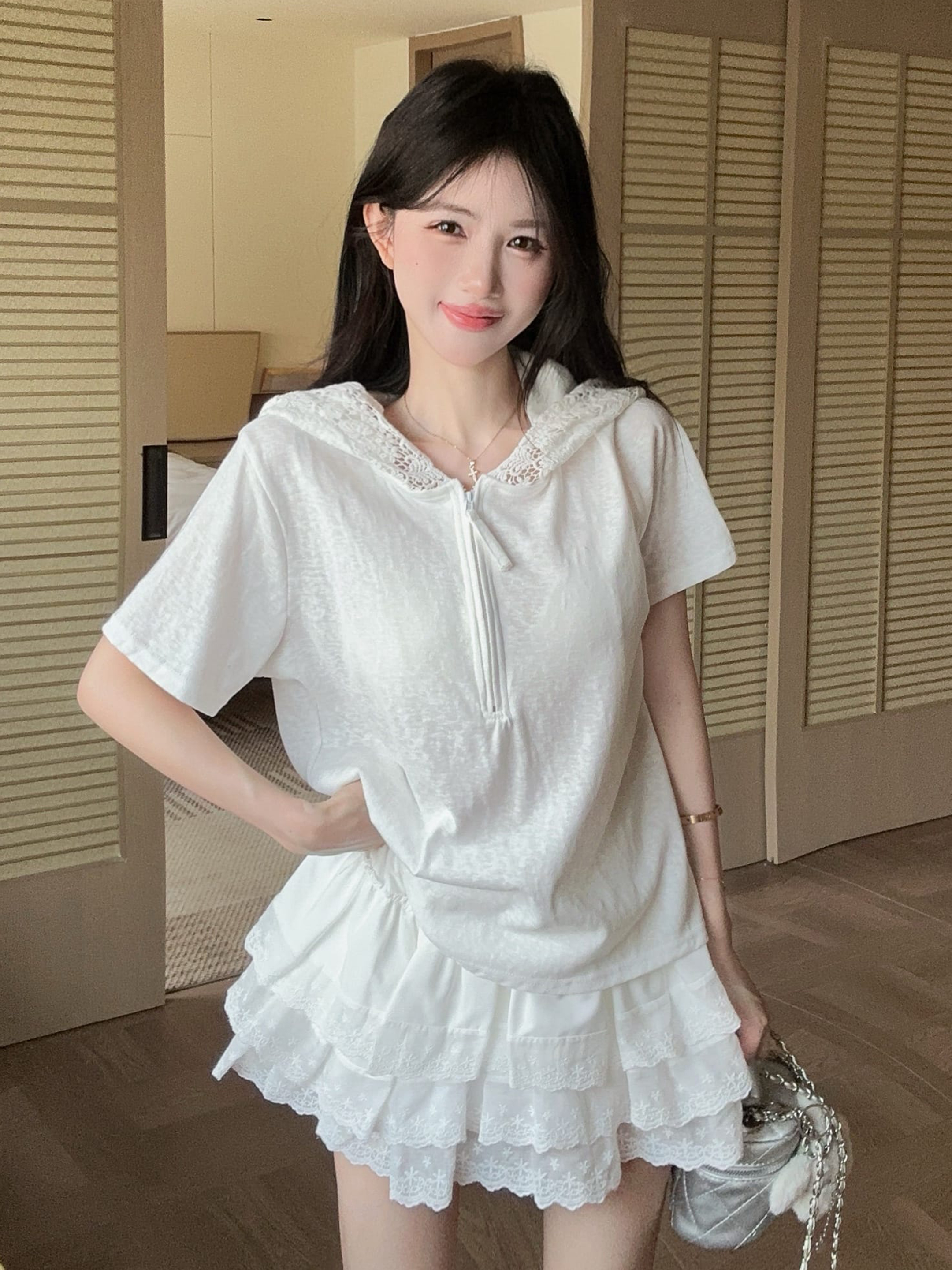 BY29606# 夏季蕾丝边短袖竹节棉连帽T恤蕾丝花边裙短裙两件套装  服裝批發女裝批發服飾貨源